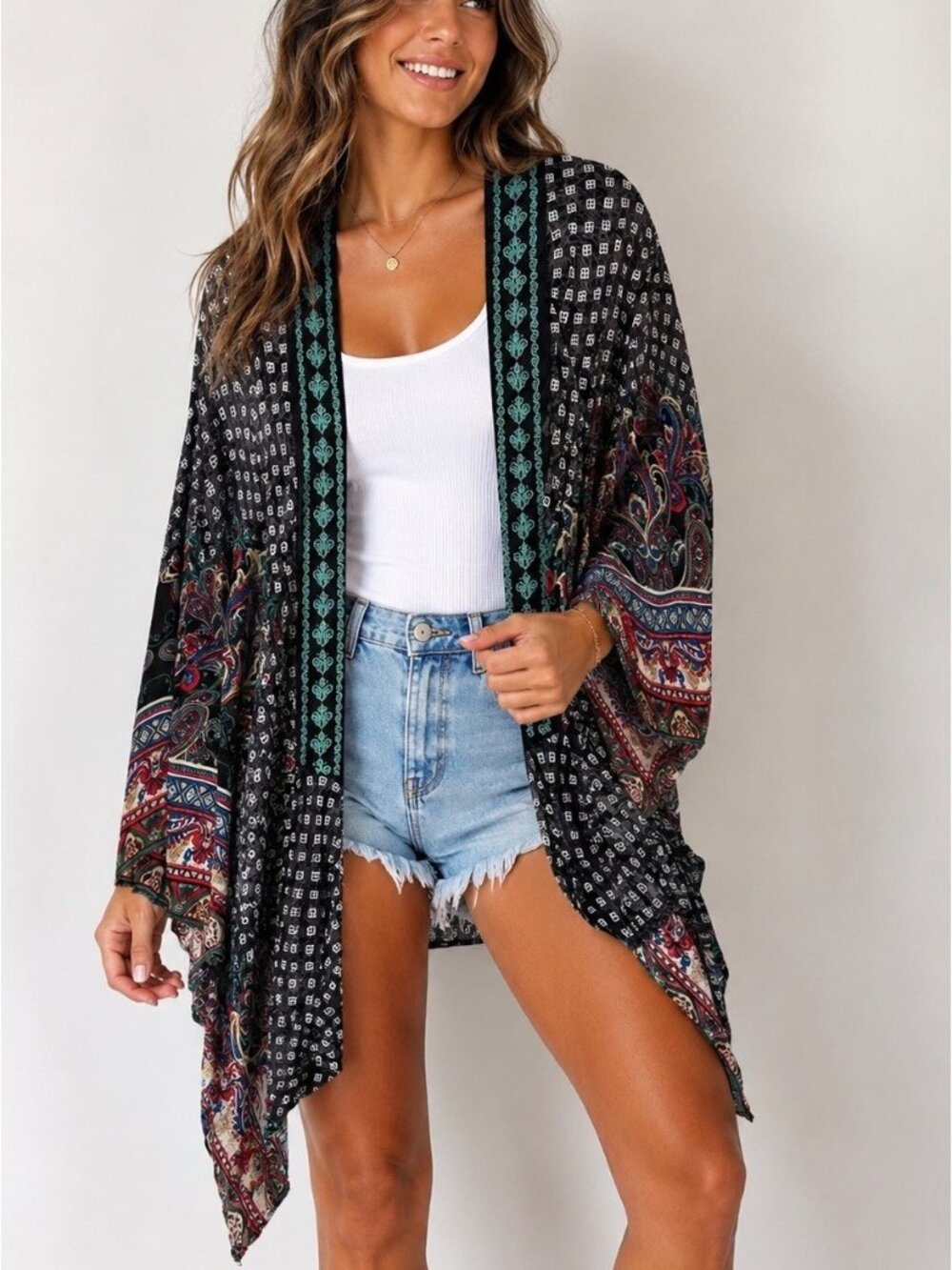 Flying Tomato Women's Kimono Multi Color Size Medium Open Front Boho Festival